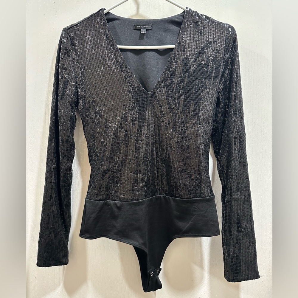 Dynamite Shimmering Black Sequin Bodysuit